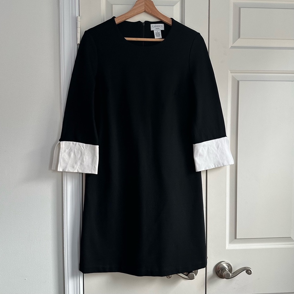 Carmen Marc Valvo 4 Black Mini Dress White Cuff Detail Career Cocktail